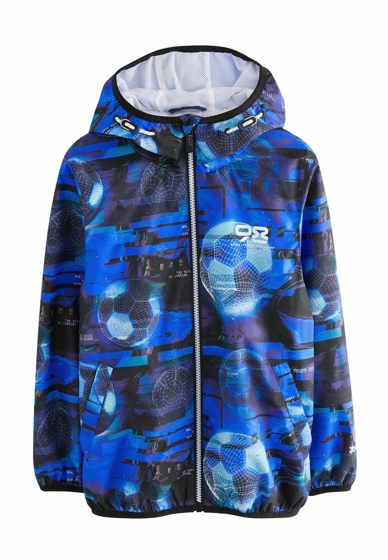 Giacca cappuccio blu e nera con un design grafico di un pallone da calcio, chiusura a zip e polsini elastici per una vestibilità aderente.