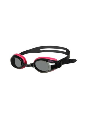 Occhiali da nuoto Arena neri e rosa con lenti tinte e cinturino nero regolabile, posati distesi su sfondo bianco.