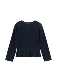 Pulover tricotat de culoare albastru navy, cu mâneci lungi, guler rotund, modele cu inimioare și un tiv ondulat la talie.