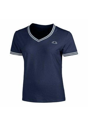 Marineblauwe T-shirt met korte mouwen en V-hals, voorzien van witte gestreepte accenten op de kraag en mouwen, met een klein logo op de linkerbovenborst.