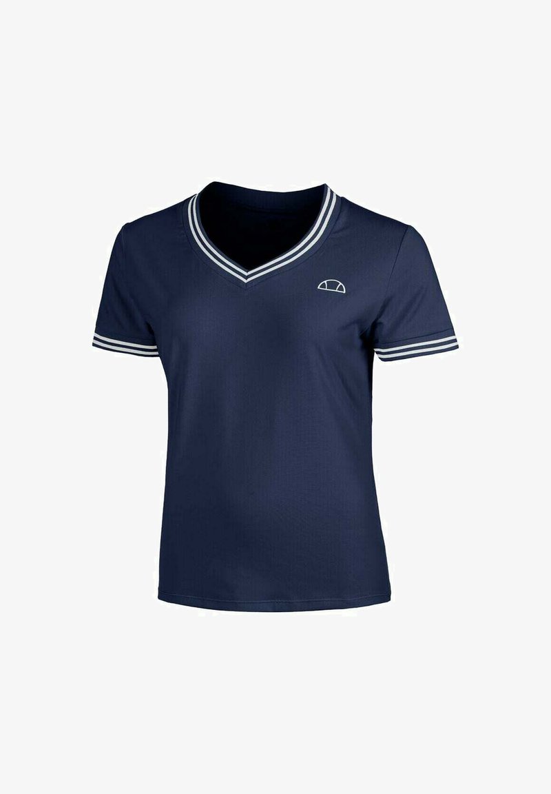 Camiseta de manga corta en azul marino con cuello en V, con acentos de rayas blancas en el cuello y las mangas, y un pequeño logo en el lado izquierdo del pecho.
