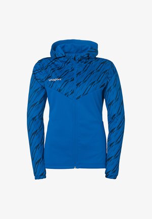 Sweat à capuche zippé bleu avec un motif texturé en bleu plus foncé sur les manches supérieures et les épaules. Comprend une capuche et un tissu lisse.