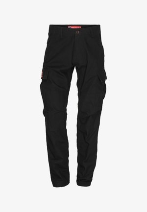 Crne cargo hlače od izdržljivog materijala, s višestrukim džepovima, kopčanjem na dugme i ravnim krojem.