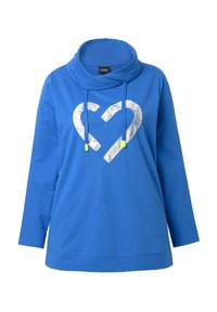 Modrá mikina s dlouhým rukávem a širokým límcem, zdobená bílým srdcem a žlutými šňůrkami. Měkký materiál a pohodlný střih.