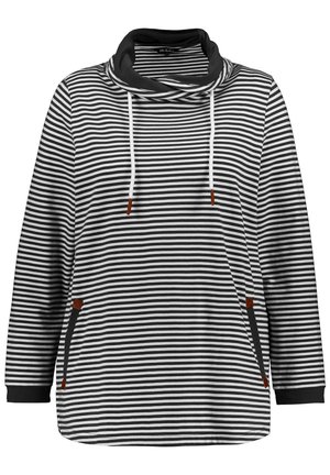 Haut à manches longues rayé noir et blanc avec col drapé, doté de cordons de serrage, de poches latérales et d'accents noirs contrastants.
