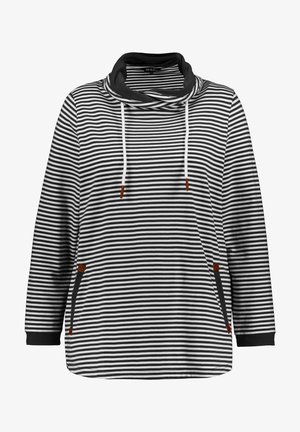 Zwart-wit gestreepte langemouwen top met een kraag, voorzien van trekkoorden, zijzakken en contrasterende zwarte accenten.