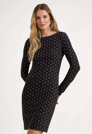 GEO PRINT STRETCH JERSEY BOATNECK DRESS - Jerseykjole - navy multi