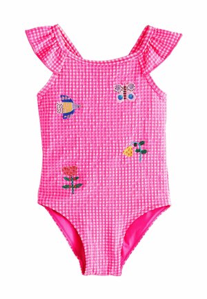 Roze gingham badpak met ruffle mouwen. Kenmerkt geborduurde vlinders, bloemen en een zachte, getextureerde stof.
