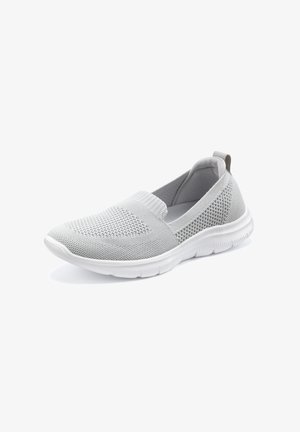 Light gray slip-on shoe featuring a knitted upper with mesh detailing, white rubber sole, and a subtle pull tab at the heel.
