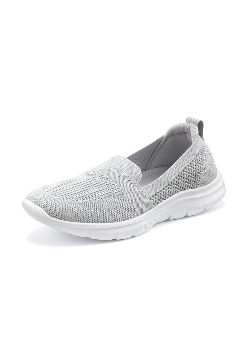 Light gray slip-on shoe featuring a knitted upper with mesh detailing, white rubber sole, and a subtle pull tab at the heel.