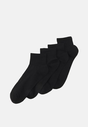Schwarze Knöchelsocken in gerippter Textur. Set mit vier Paaren, nahtloses Zehendesign und einheitliche Farbe. Geeignet für lässige oder formelle Anlässe.