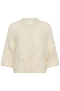 Καρδινάλιο ριπ με κρεμ απόχρωση, με στρογγυλή λαιμόκοψη, κλείσιμο με πέντε κουμπιά στο μπροστινό μέρος, κοντά μανίκια και υφή πλεκτού με σχέδιο καλώδιου.