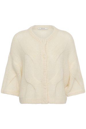 Krém színű kötött kardigán kerek nyakkal, öt gombos elülső zárral, rövid ujjakkal és texturált kábelkötött mintával.