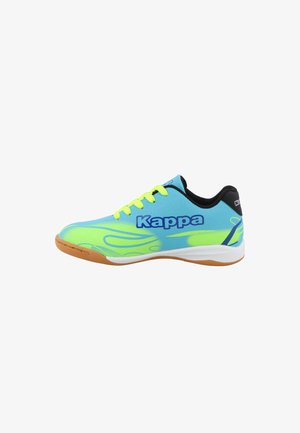 Modré a neon žlté atletické topánky s elegantným dizajnom, sieťovinovým zvrškom, čiernymi akcentmi a gumovou podrážkou s jedinečným vzorom.
