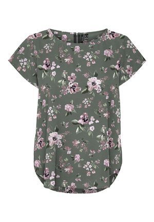 Blouse verte à manches courtes avec imprimé floral rose et blanc, encolure ronde et ourlet arrondi.