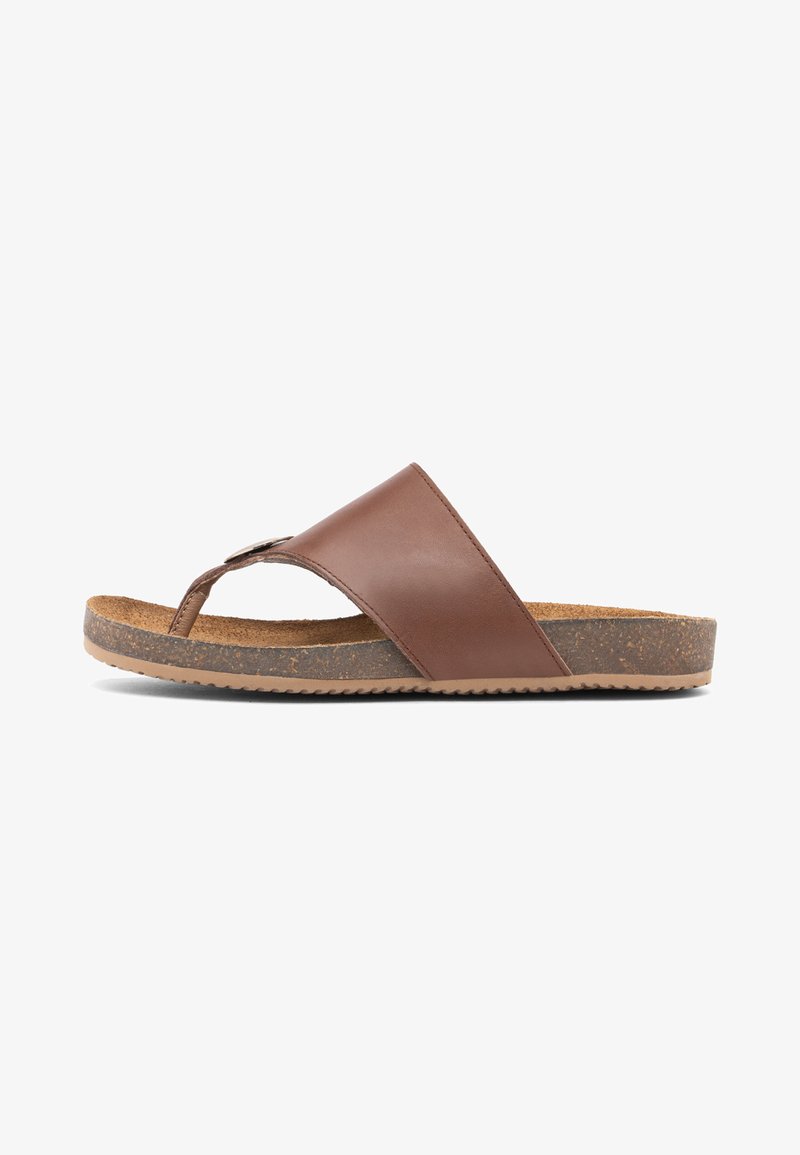 Sandale homme en cuir marron avec semelle en liège et semelle extérieure en caoutchouc texturé, conçue pour un usage décontracté.