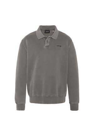 Polo gris à manches longues avec deux boutons, poignets et ourlet côtelés, et petit logo brodé sur la poitrine.
