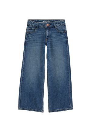 Jean bleu à jambes larges avec poches avant, bouton et passants de ceinture, en tissu denim à lavage moyen.