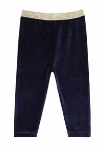 Navy fluwelen legging met een sprankelende gouden tailleband, een gladde textuur en een aansluitend ontwerp. De broek reikt tot de enkel.