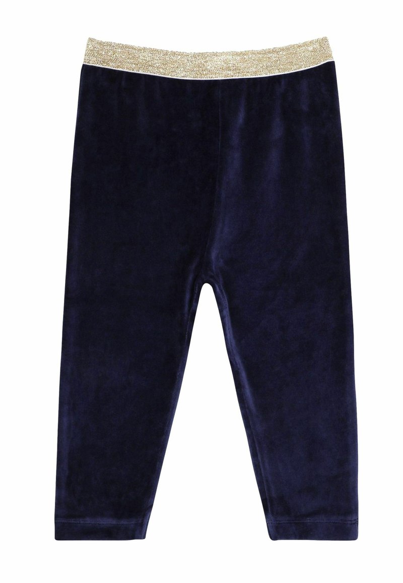 Navy fluwelen legging met een sprankelende gouden tailleband, een gladde textuur en een aansluitend ontwerp. De broek reikt tot de enkel.