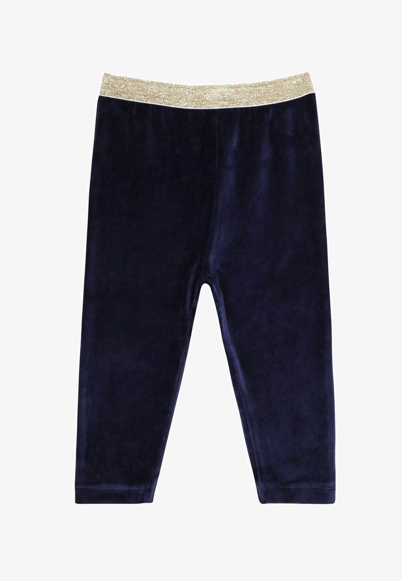 Navy plave tajice od somota s sjajnim zlatnim pojasom, glatke teksture i uskog kroja. Hlače sežu do gležnja.