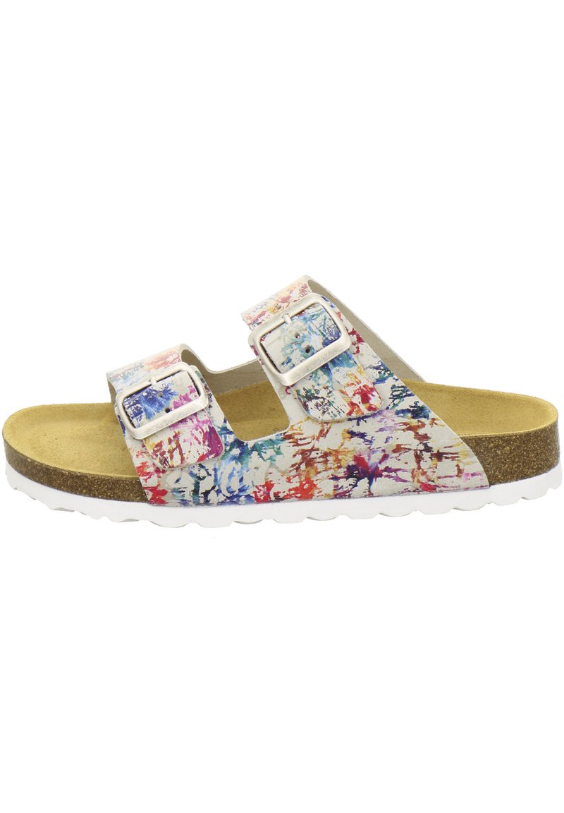 Two-buckle sandal with a colorful splatter pattern on synthetic upper, a cork midsole, and a white rubber outsole. Closed-toe design.