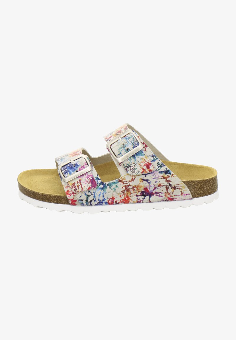 Two-buckle sandal with a colorful splatter pattern on synthetic upper, a cork midsole, and a white rubber outsole. Closed-toe design.