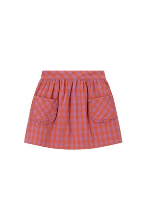 Rode en paarse geruite rok voor meisjes met een geplooide taille en twee opgestikte voorkanten met ruches.