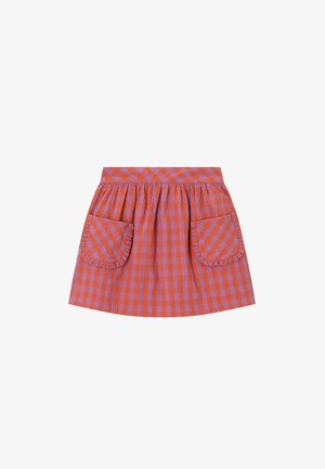 Rode en paarse geruite rok voor meisjes met een geplooide taille en twee opgestikte voorkanten met ruches.