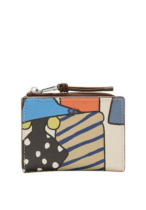 Mały portfel na zamek z abstrakcyjnym, wielokolorowym wzorem, obejmującym niebieskie, pomarańczowe i beżowe paski, czarne z białymi kropkami oraz żółte akcenty.