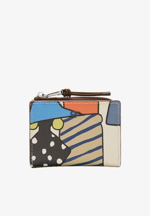 Mały portfel na zamek z abstrakcyjnym, wielokolorowym wzorem, obejmującym niebieskie, pomarańczowe i beżowe paski, czarne z białymi kropkami oraz żółte akcenty.