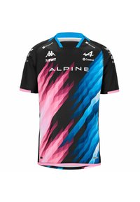 Sort atletisk trøje med et geometrisk mønster i blå, pink og lilla. Vigtige detaljer inkluderer en blå krave og Alpine-branding på forsiden.