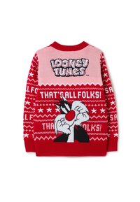 Roter Strickpullover mit "Looney Tunes"-Logo und Sylvesters Gesicht, mit weißem Text "DAS IST ALLES, LEUTE!" und saisonalen Mustern.