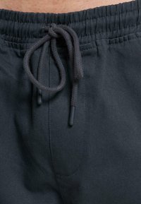 Donkergrijze shorts met een elastische tailleband, verstelbaar trekkoord en een gladde textuur. Bevat een zijzak en subtiele naaddetails.