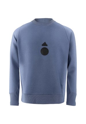 Blaues Sweatshirt mit geripptem Ausschnitt und Bündchen. Hat ein schwarzes Logo in der Mitte und eine strukturierte Oberfläche, gefertigt aus weichem, dehnbarem Stoff.