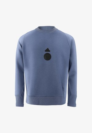 Sweatshirt bleu avec col et poignets côtelés. Il présente un logo noir au centre et une finition texturée, fabriqué à partir d'un tissu doux et extensible.