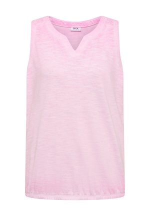 Haut rose clair sans manches avec un décolleté en V et des détails subtils en dentelle sur les épaules, ourlet élastique en bas.