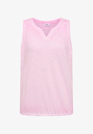 Haut rose clair sans manches avec un décolleté en V et des détails subtils en dentelle sur les épaules, ourlet élastique en bas.