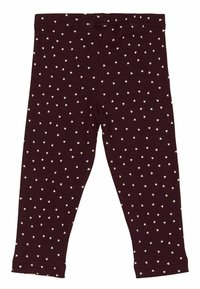 Bordeaux farvede leggings i ribbet materiale med et hvidt hjerte mønster, udstyret med en elastisk talje og tætsiddende ankler.