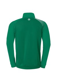 Grøn atletisk jakke med stående krave, lange ærmer og et struktureret geometrisk mønster på det øverste rygområde. Har logo på kraven.