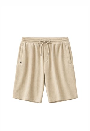 Beige ribstrikkede shorts i stof med elastisk taljebånd, snørebånd og to sidelommer.