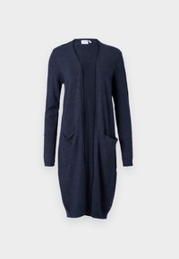 Námořnický modrý cardigan vyrobený z měkké pleteniny, s dlouhými rukávy, otevřeným předním dílem a dvěma předními kapsami.