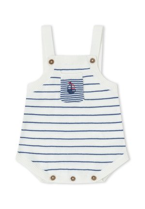 Pelele de bebé blanco de punto con rayas horizontales azul marino, bordado de velero en el bolsillo delantero y botones de madera en las tiras y la parte inferior.