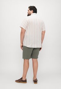 Cămașă cu mânecă scurtă din material alb cu dungi verticale ruginii, combinată cu pantaloni scurți texturați de culoare verde măslin și pantofi sport maro.