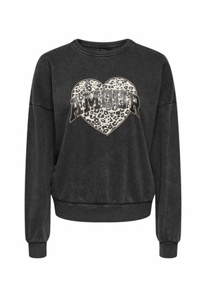 Donkergrijze sweatshirt met een hartontwerp in luipaardprint. Heeft het woord "AMOUR" in vetgedrukte letters. Geribbelde boorden en zoom.
