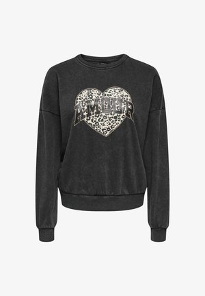 Donkergrijze sweatshirt met een hartontwerp in luipaardprint. Heeft het woord "AMOUR" in vetgedrukte letters. Geribbelde boorden en zoom.