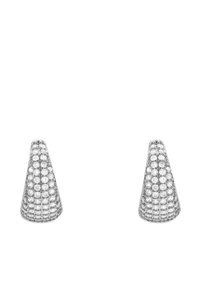 Zilveren kegelvormige oorbellen met een gestructureerd oppervlak, versierd met kleine heldere rhinestones voor extra sprankeling.