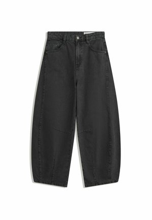 Schwarze Jeans mit hoher Taille und weitem Bein, vorn mit Taschen, Gürtelschlaufen und Knopfverschluss, flach auf weißem Hintergrund ausgelegt.