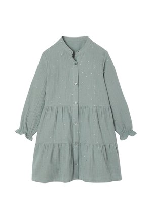 Grünes Hemdkleid aus strukturierter Stoffqualität, mit einem gestuften Design, langen Ärmeln mit Rüschebündchen und verstreuten Metallic-Details.