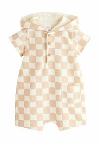 Beige en crème geblokte romper met een capuchon, korte mouwen, drie knopen bij de hals en een voorzak. Zachte textuur.